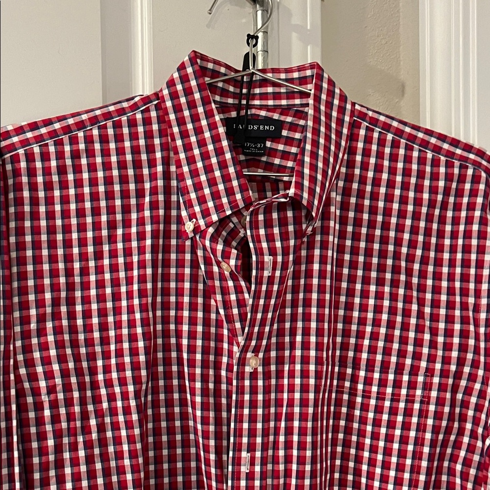 Lands' End Men's Red and White Plaid Shirt